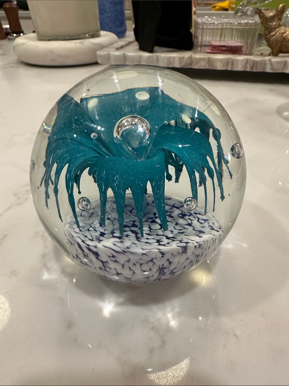 Glass Art Paperweight with Teal Bloom